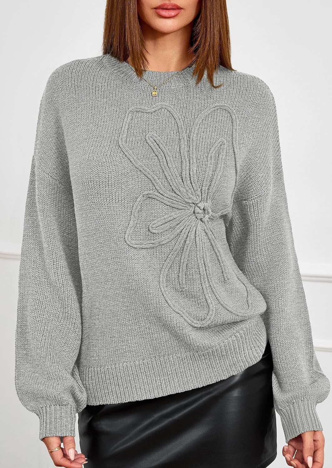 image:imagePRETTYGARDEN Womens Oversized 3D Floral Knit SweaterLight Grey