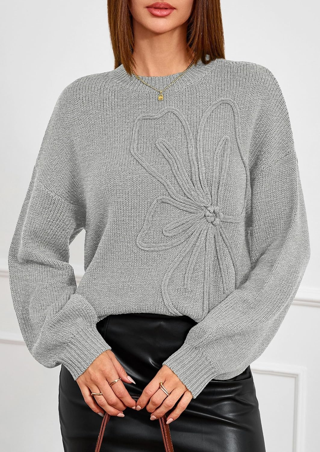 image:imagePRETTYGARDEN Womens Oversized 3D Floral Knit SweaterLight Grey
