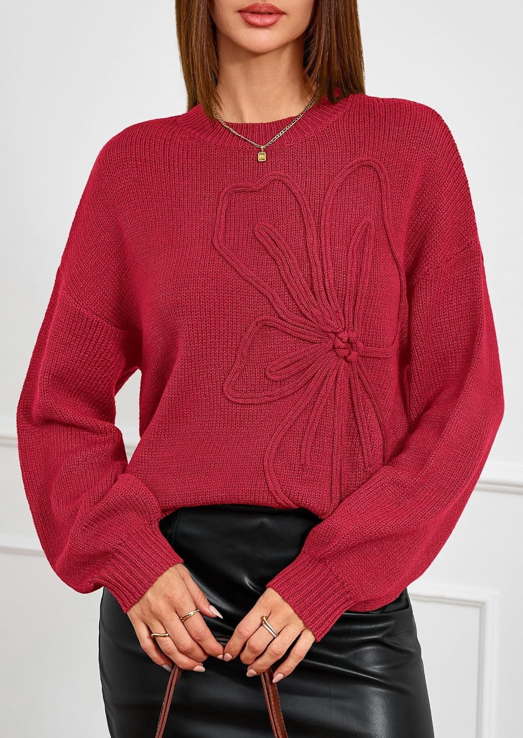 image:imagePRETTYGARDEN Womens Oversized 3D Floral Knit SweaterRed