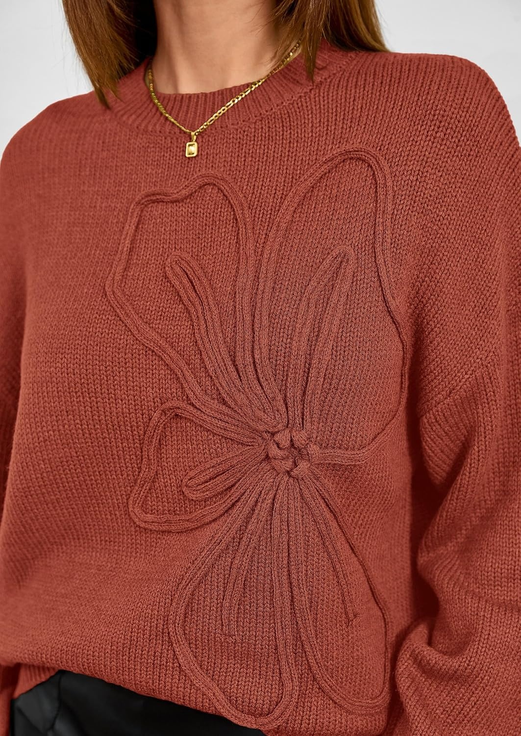 image:imagePRETTYGARDEN Womens Oversized 3D Floral Knit SweaterRed Brown