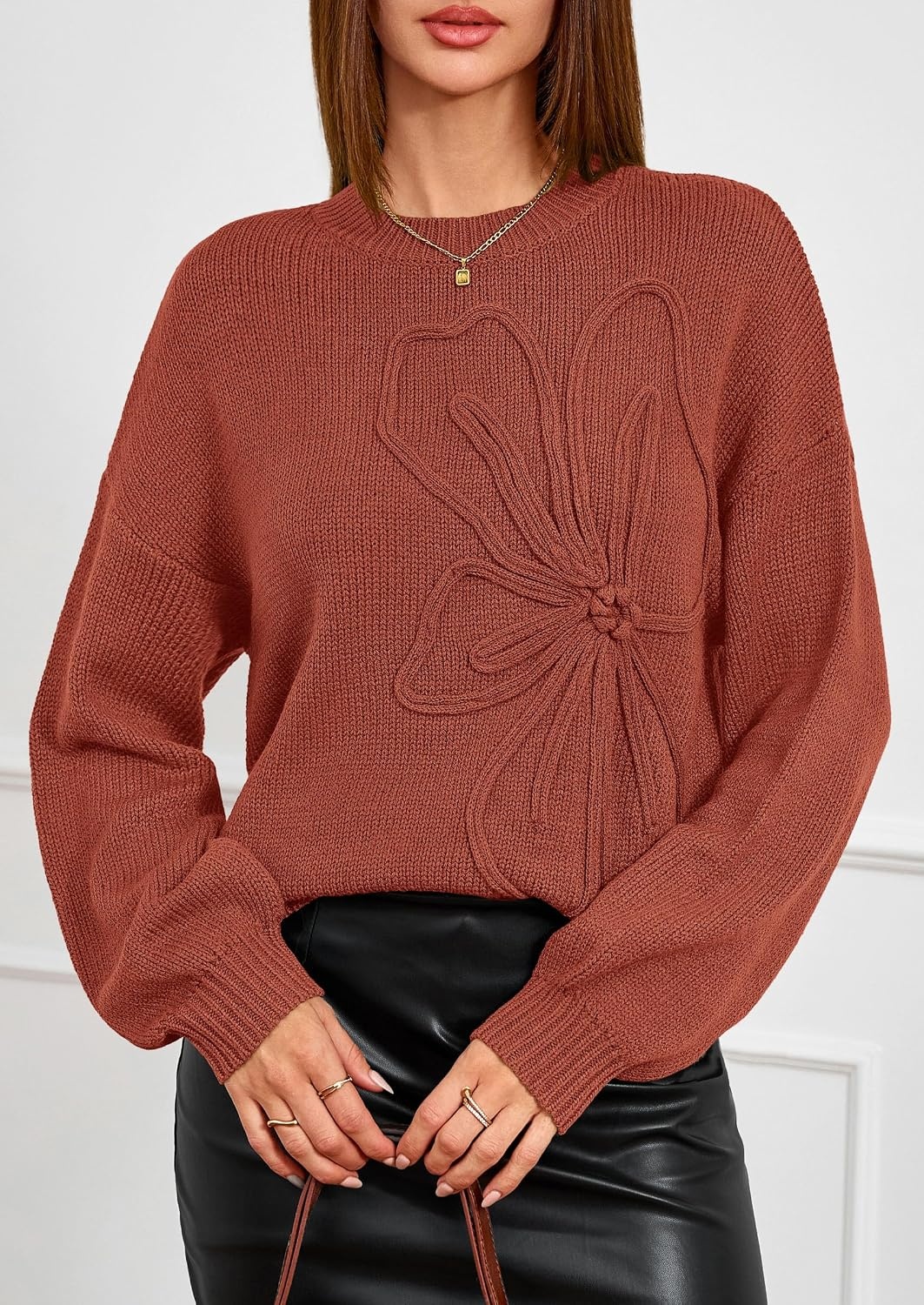 image:imagePRETTYGARDEN Womens Oversized 3D Floral Knit SweaterRed Brown