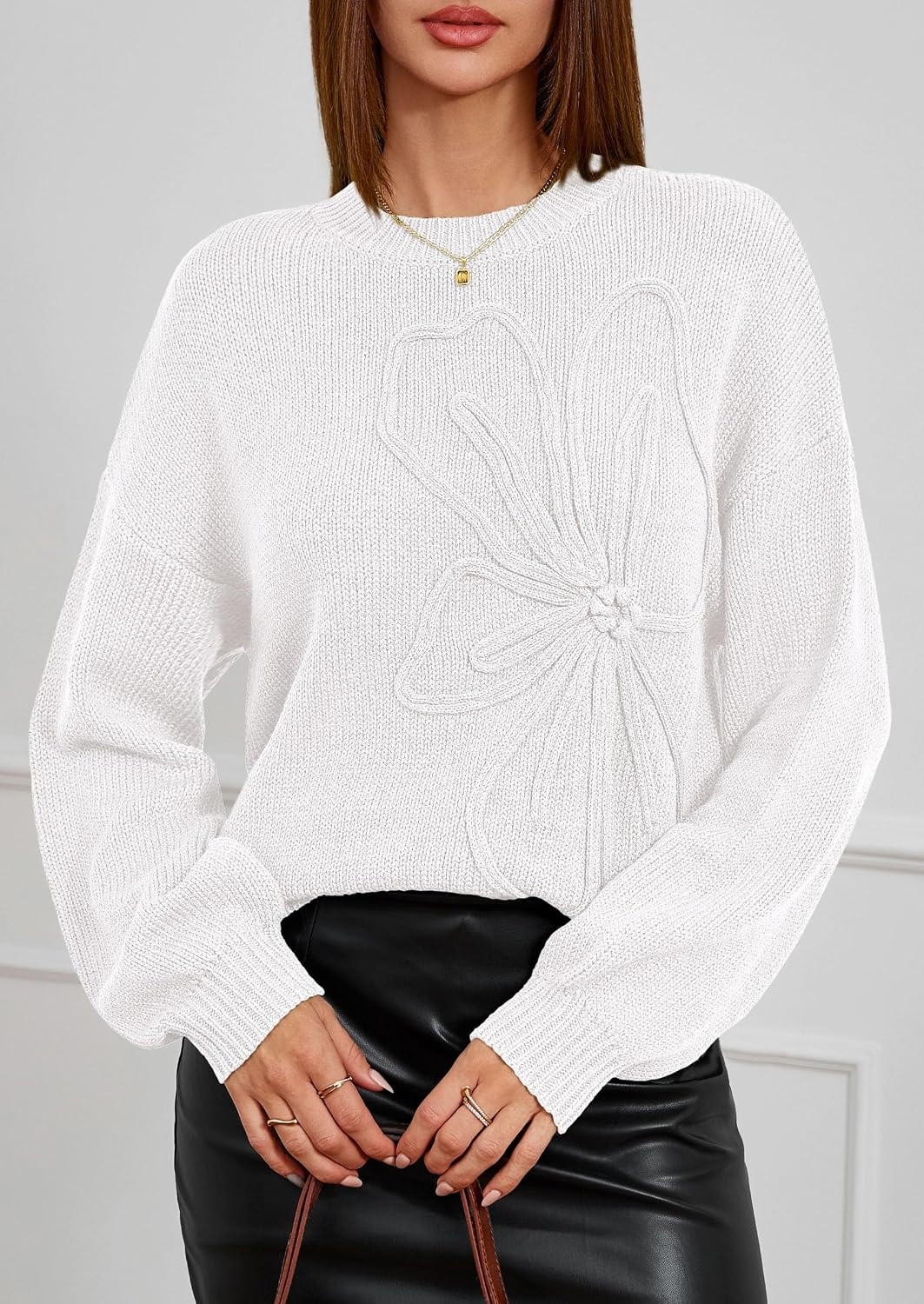 image:imagePRETTYGARDEN Womens Oversized 3D Floral Knit SweaterWhite