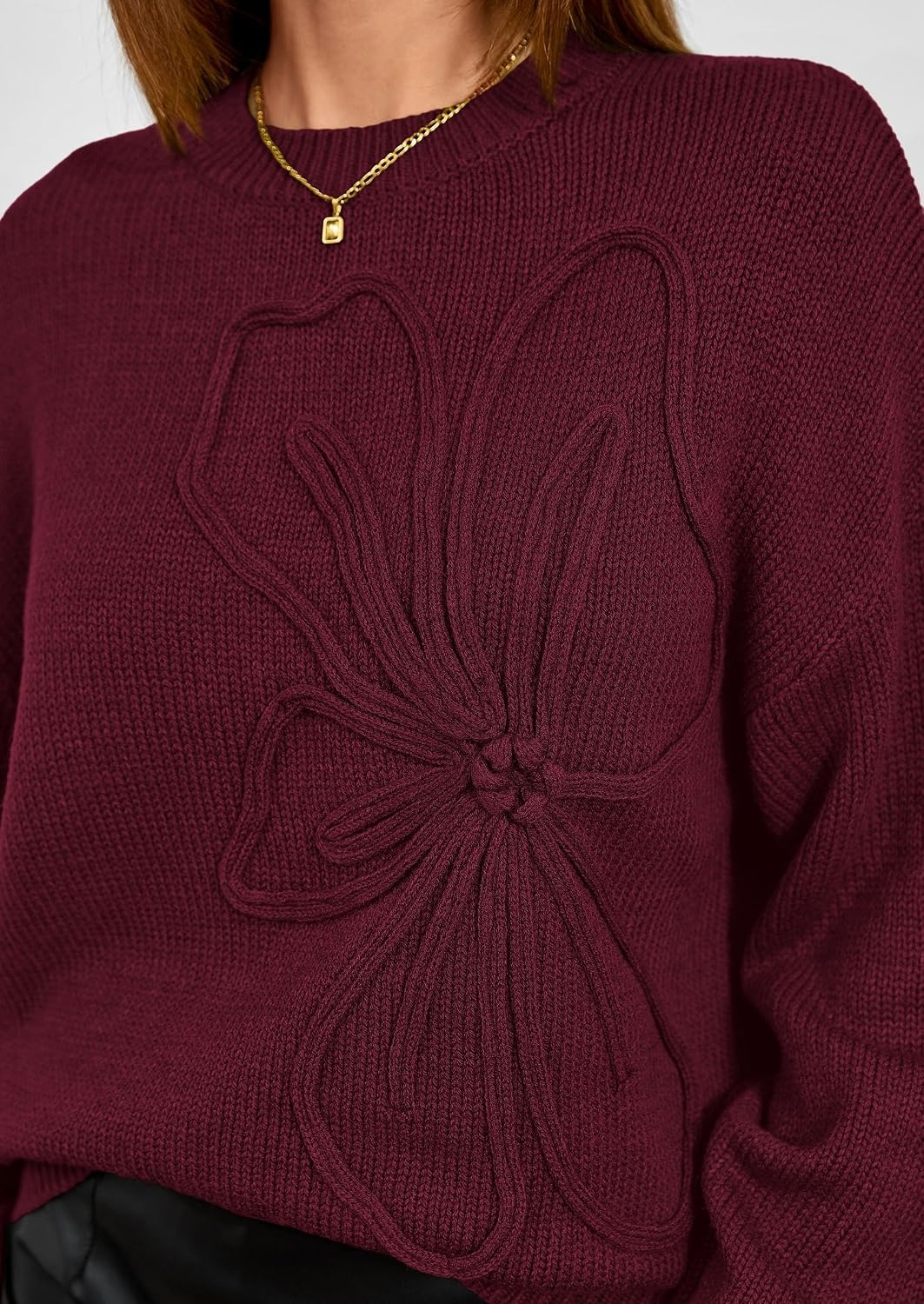 image:imagePRETTYGARDEN Womens Oversized 3D Floral Knit SweaterWine Red