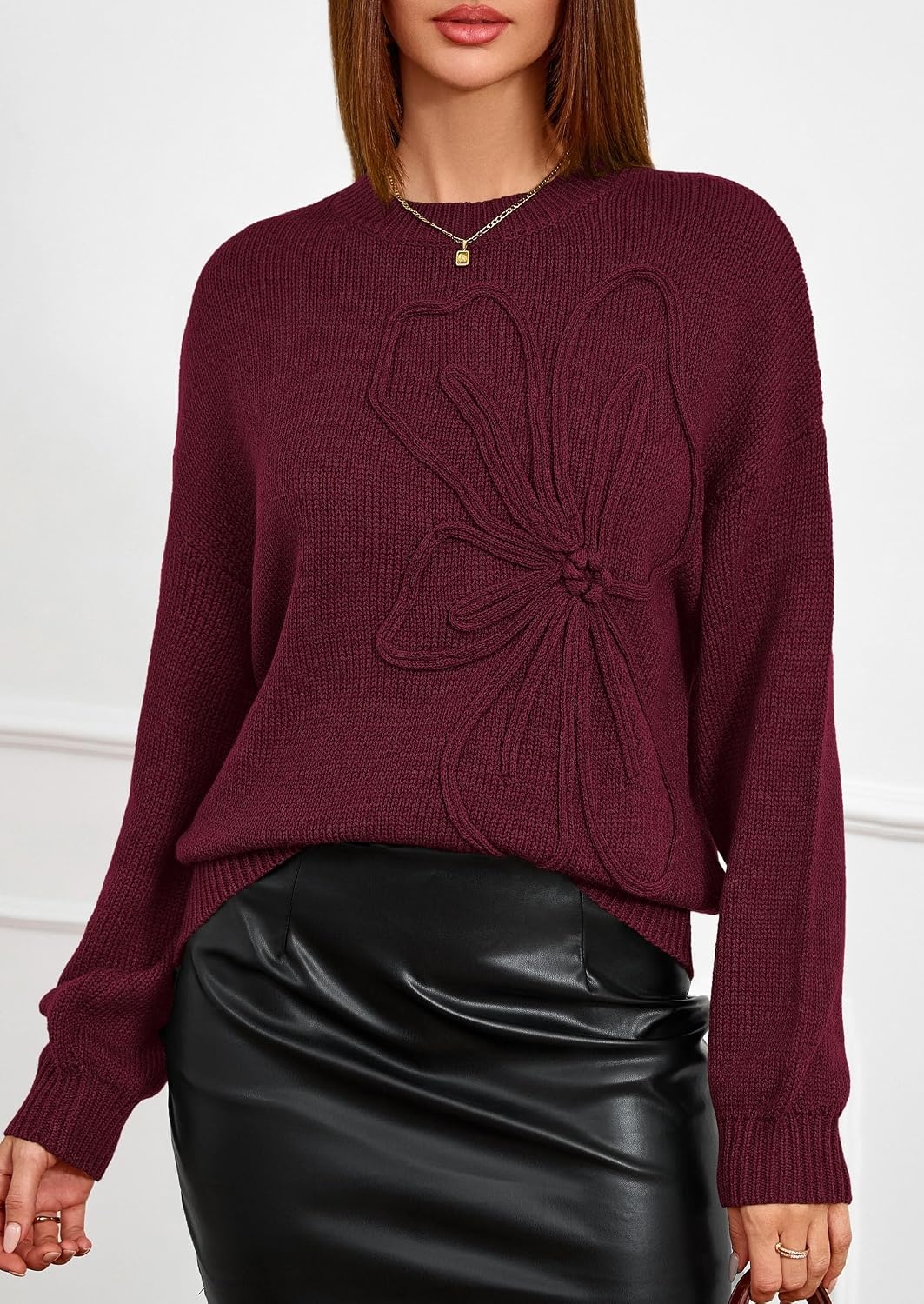 image:imagePRETTYGARDEN Womens Oversized 3D Floral Knit SweaterWine Red