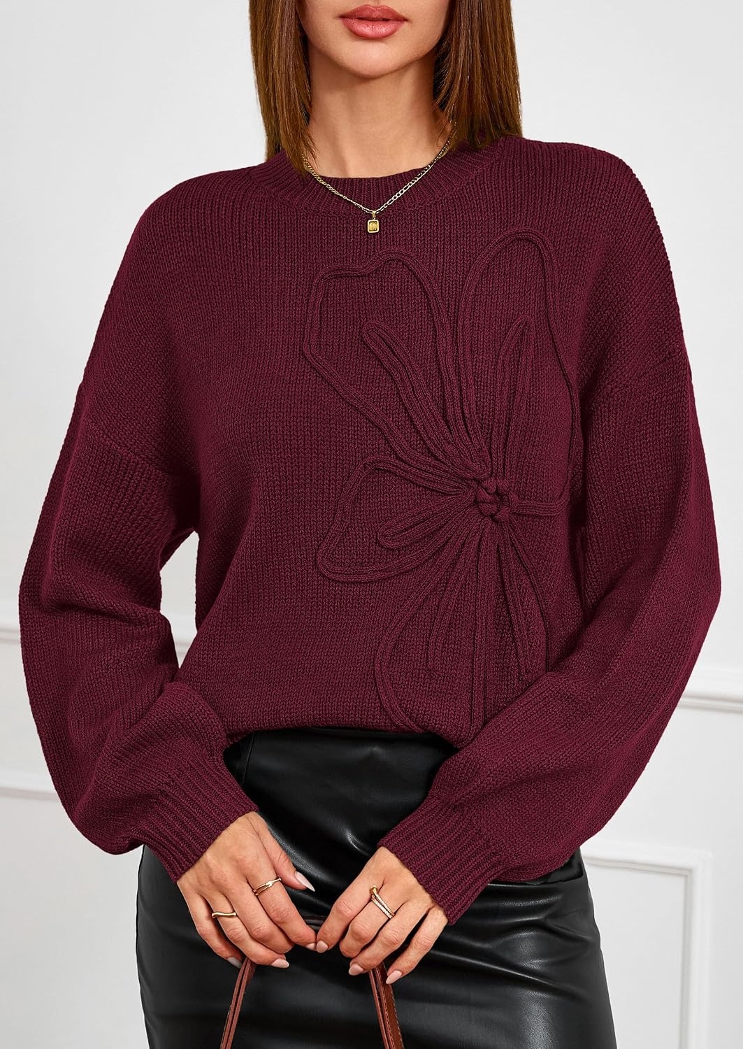 image:imagePRETTYGARDEN Womens Oversized 3D Floral Knit SweaterWine Red