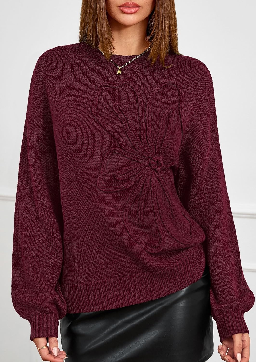 image:imagePRETTYGARDEN Womens Oversized 3D Floral Knit SweaterWine Red