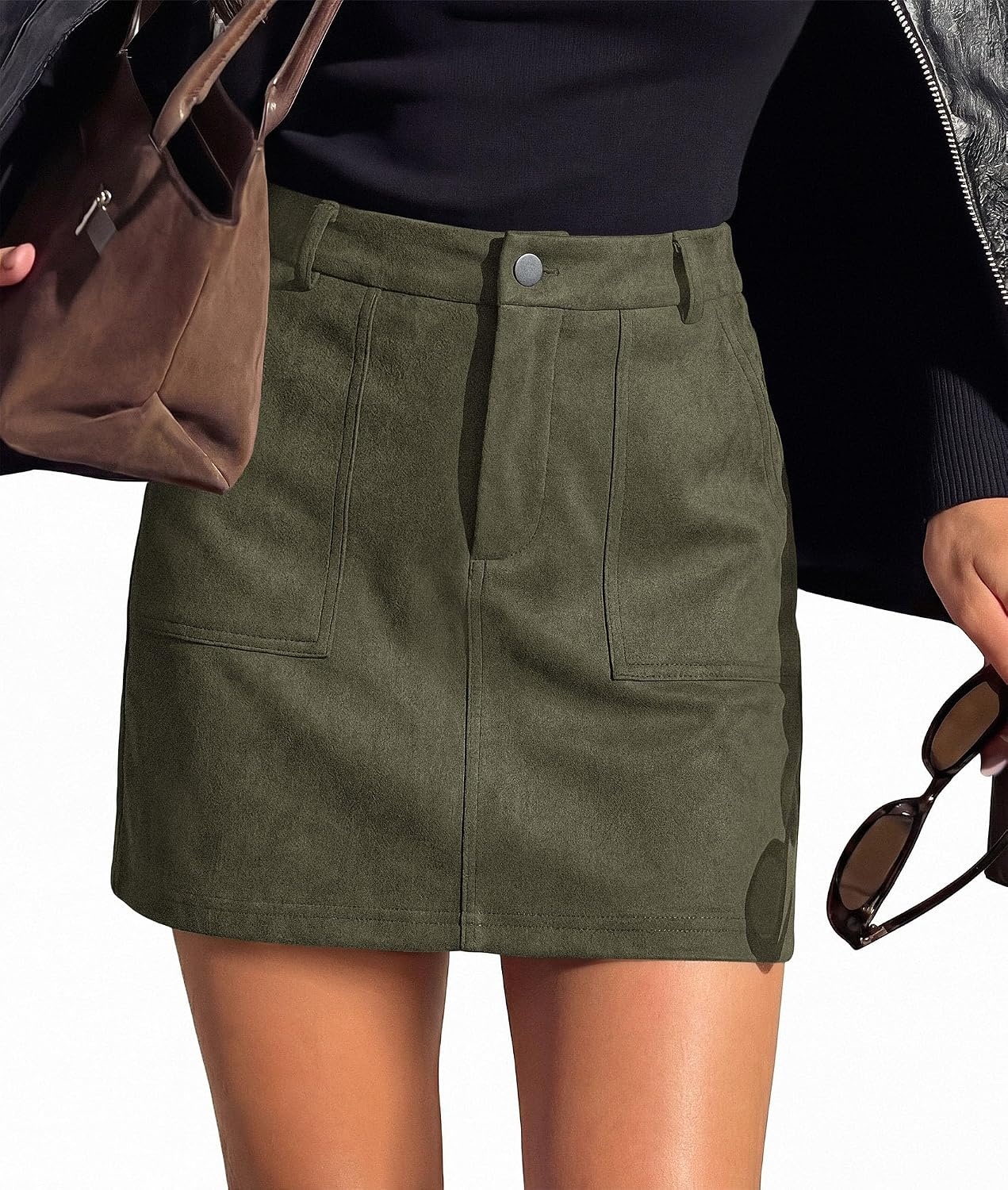 image:imagePRETTYGARDEN Womens Suede Mini Skirts with Shorts UnderneathArmy Green