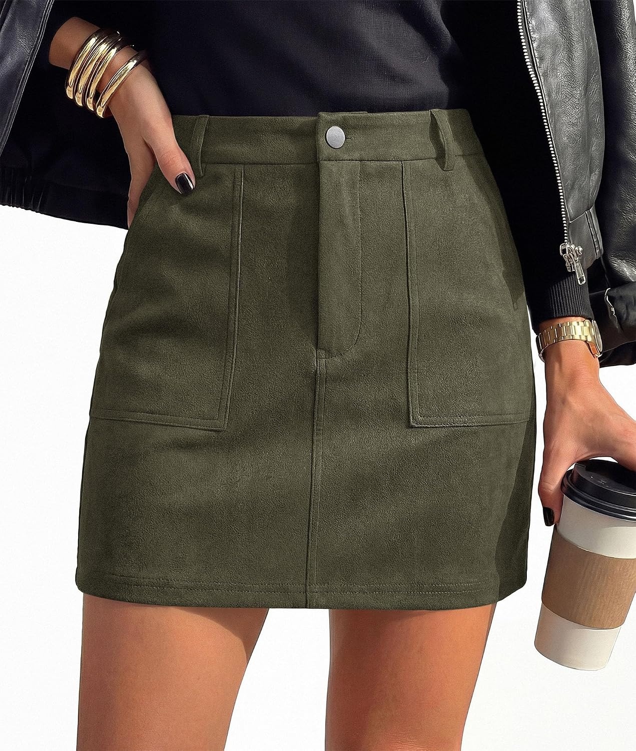 image:imagePRETTYGARDEN Womens Suede Mini Skirts with Shorts UnderneathArmy Green