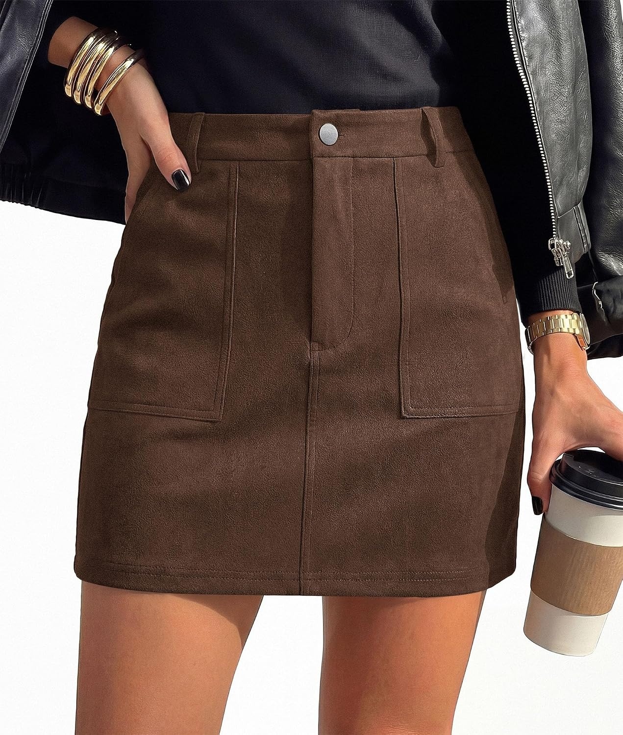 image:imagePRETTYGARDEN Womens Suede Mini Skirts with Shorts UnderneathBrown