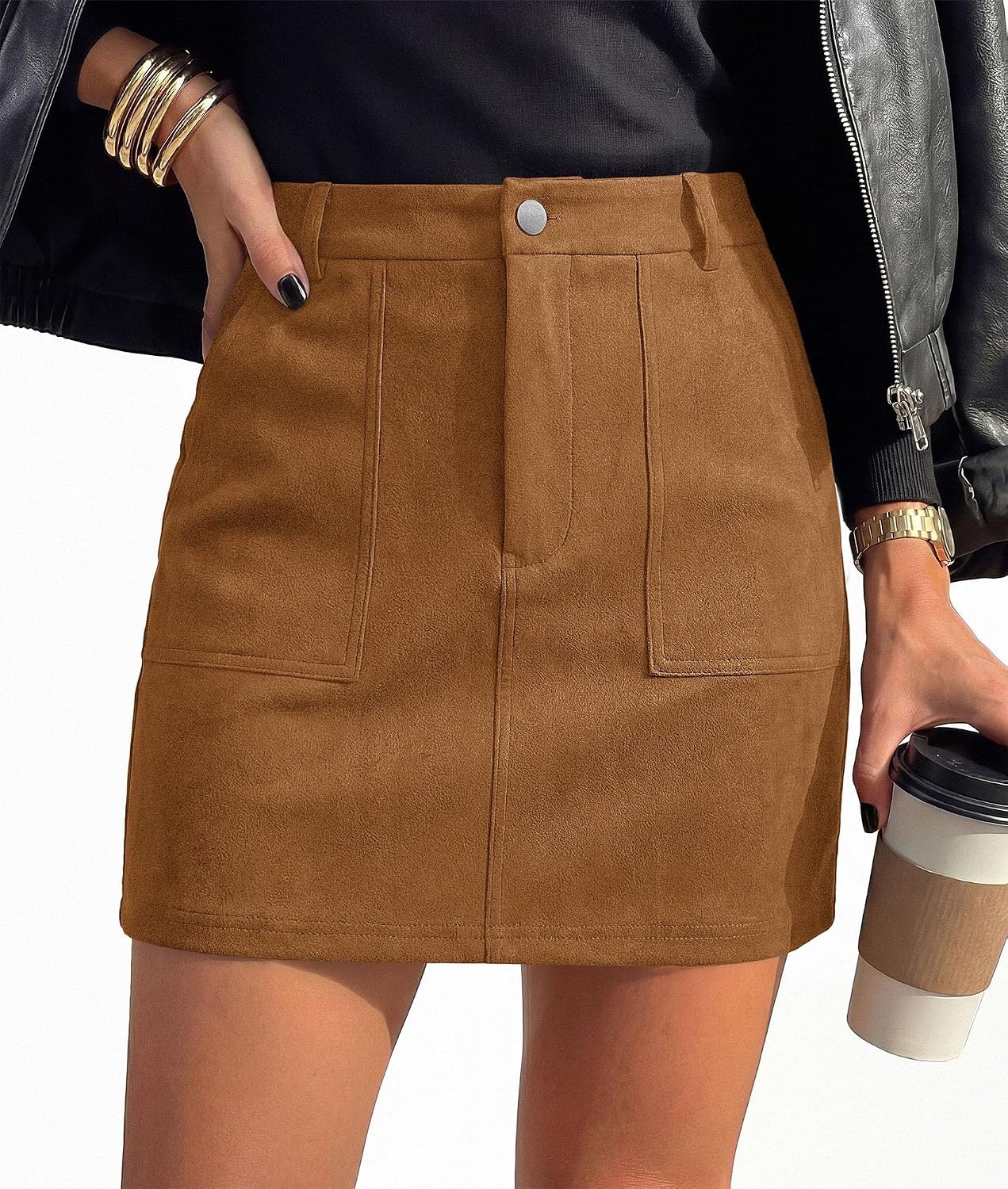 image:imagePRETTYGARDEN Womens Suede Mini Skirts with Shorts UnderneathKhaki