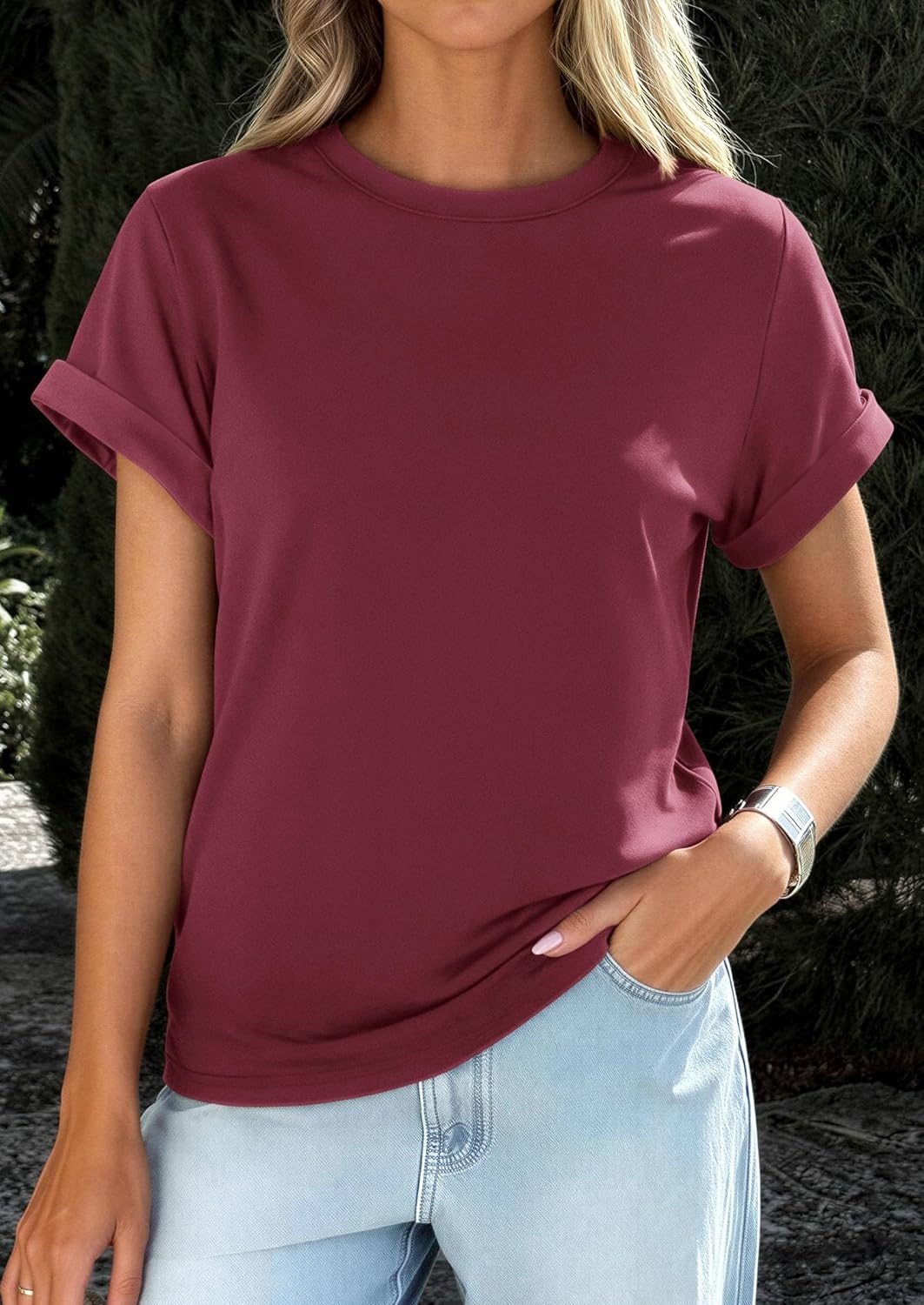 image:imagePRETTYGARDEN Womens Summer Tops Short Sleeve ShirtsWine Red