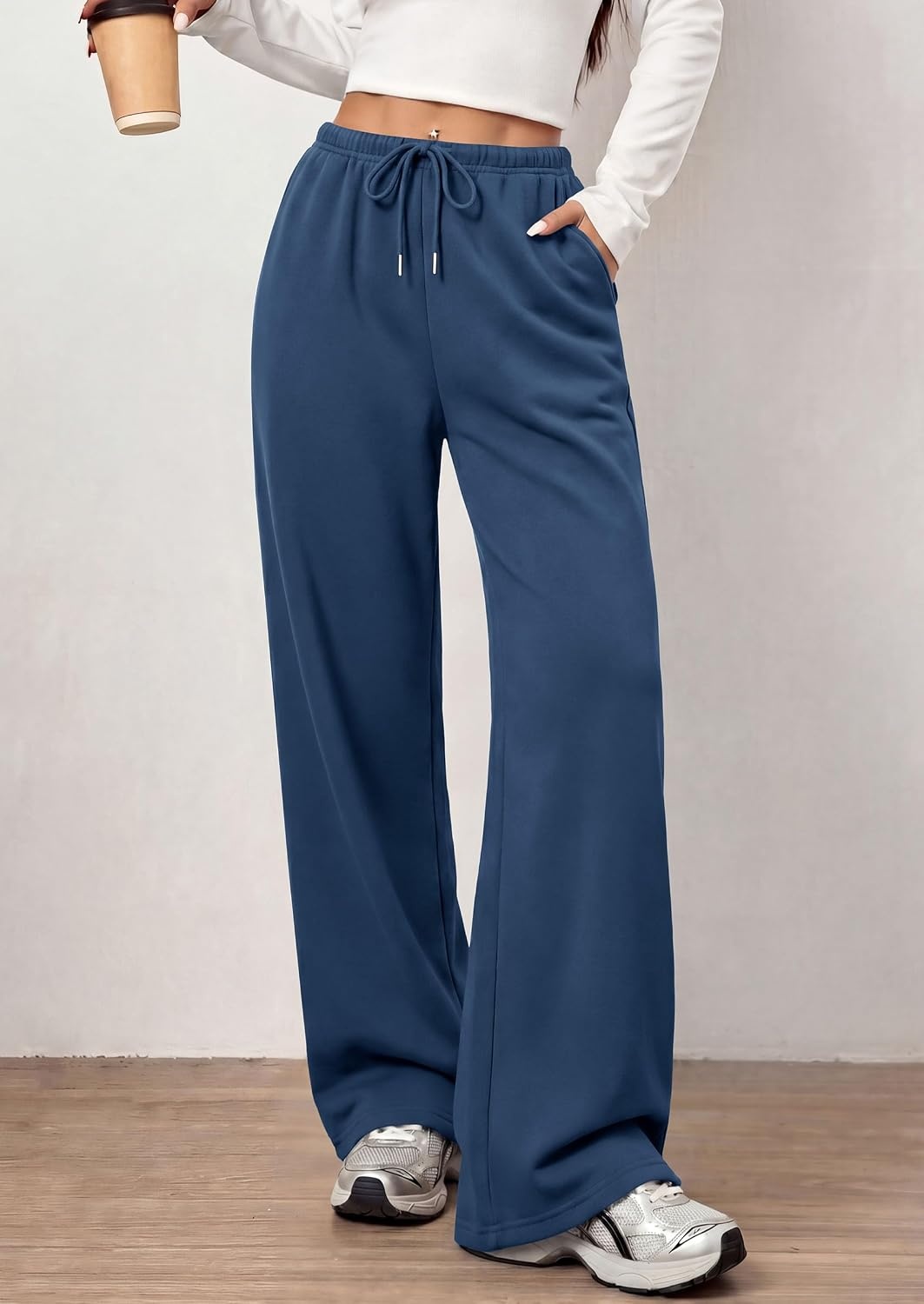 image:imagePRETTYGARDEN Womens Wide Leg Sweatpants Fleece Fall Sweat PantsGrey Blue