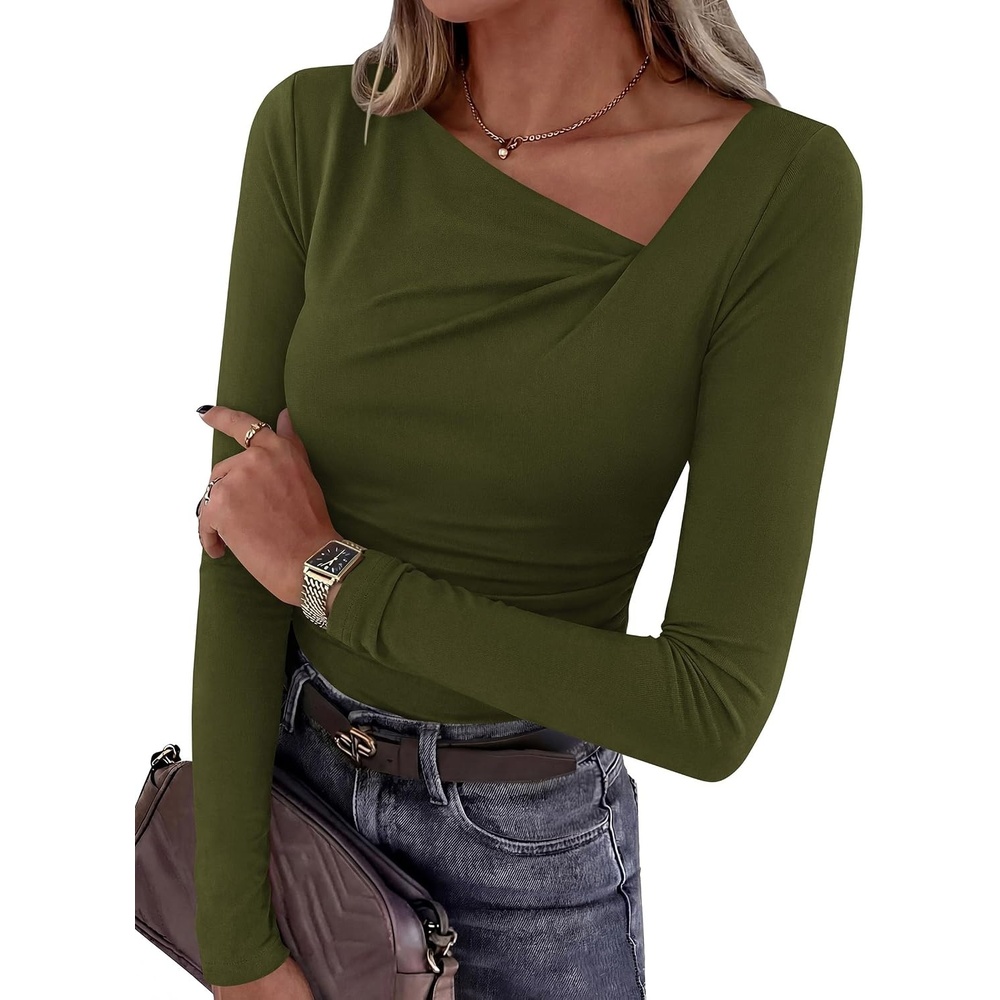 image:imagePRETTYGARDEN Women Long Sleeve Shirts Asymmetrical Y2K Fall TopsArmy Green