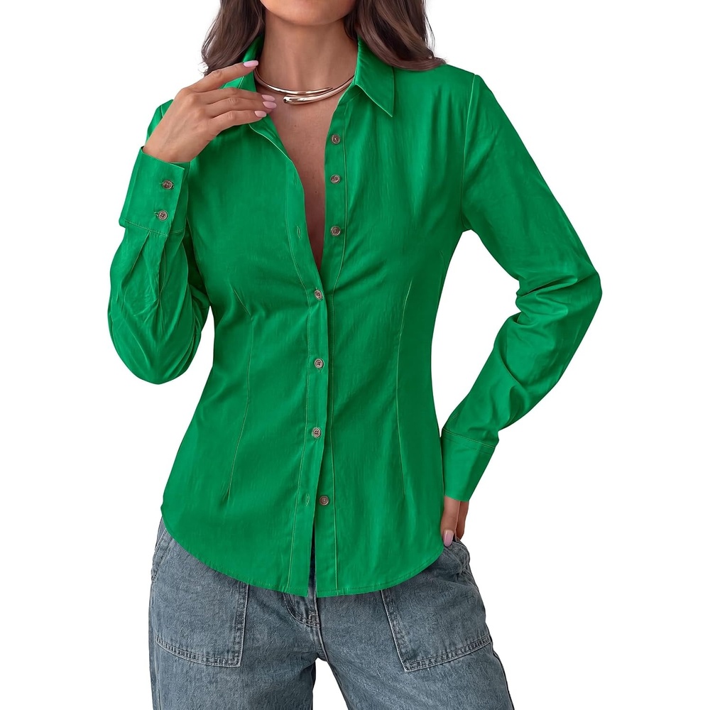 image:imagePRETTYGARDEN Womens Button Down Shirts Long Sleeve BlouseGreen