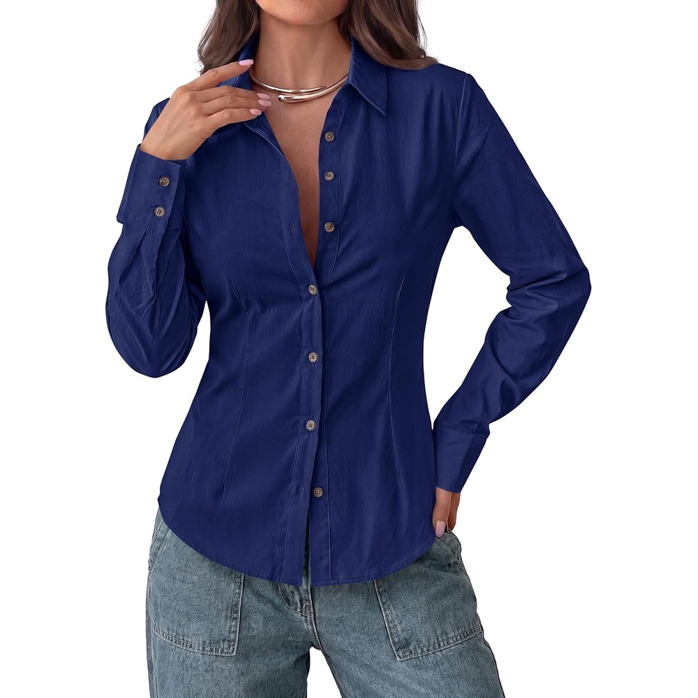image:imagePRETTYGARDEN Womens Button Down Shirts Long Sleeve BlouseNavy