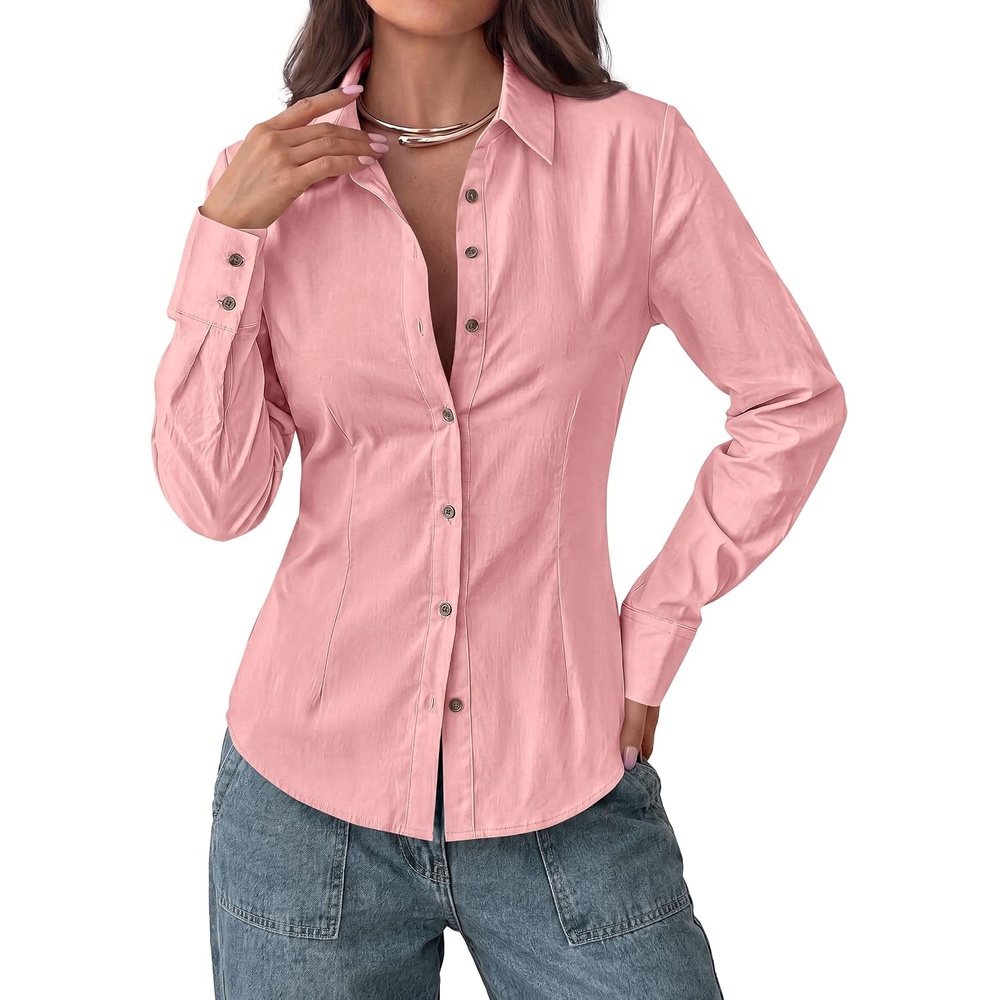 image:imagePRETTYGARDEN Womens Button Down Shirts Long Sleeve BlousePink