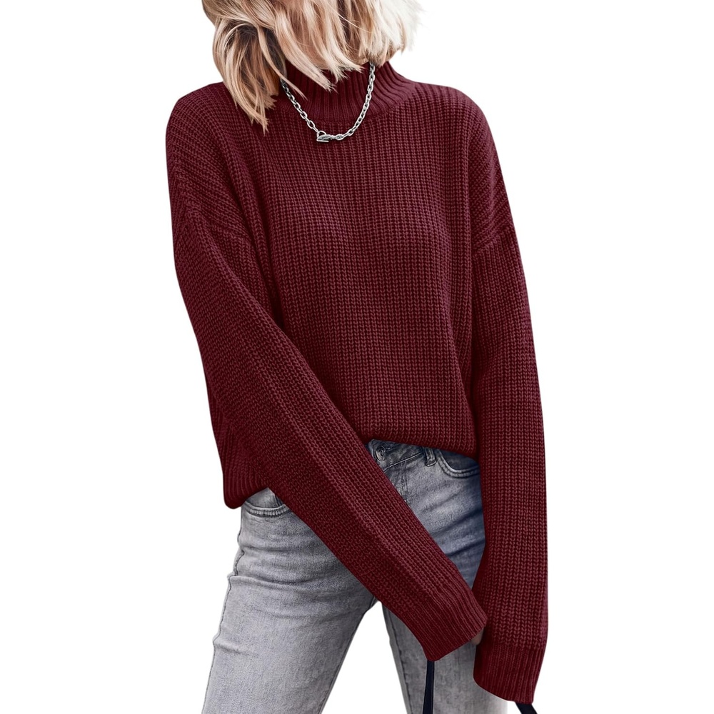 image:imagePRETTYGARDEN Womens Chunky Knit Pullover Mock Neck SweatersBurgundy