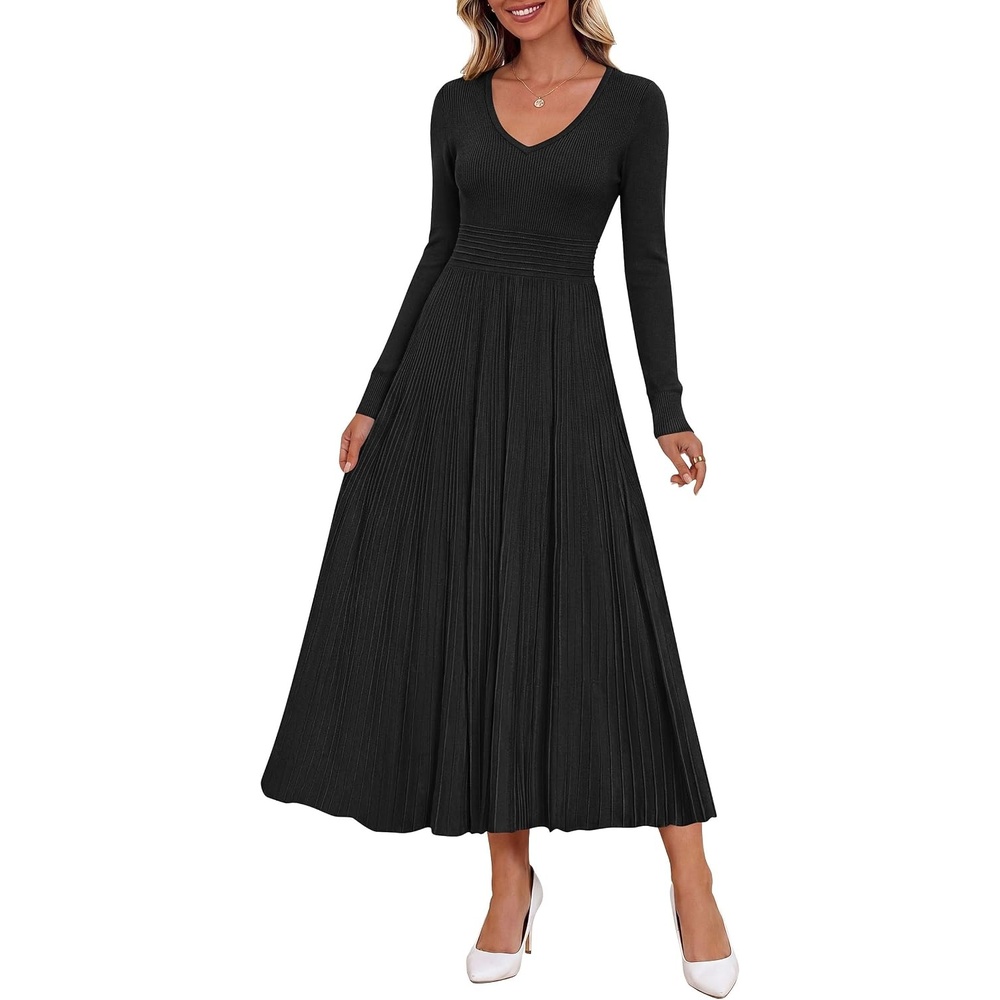 image:imagePRETTYGARDEN Womens Fall V Neck Pleated Midi Sweater DressBlack
