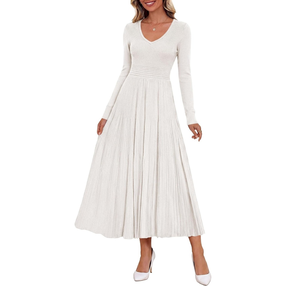 image:imagePRETTYGARDEN Womens Fall V Neck Pleated Midi Sweater DressWhite