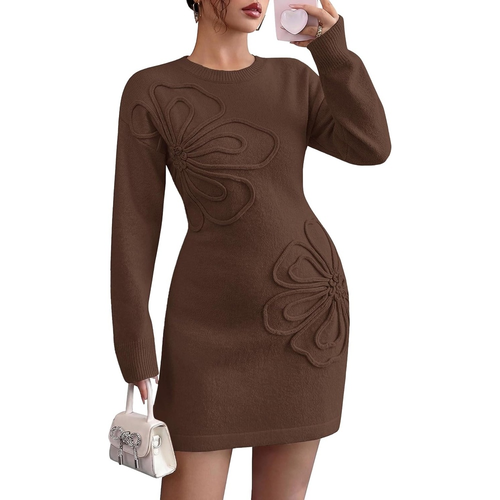 image:imagePRETTYGARDEN Womens Floral Embroidered Bodycon Sweater DressBrown
