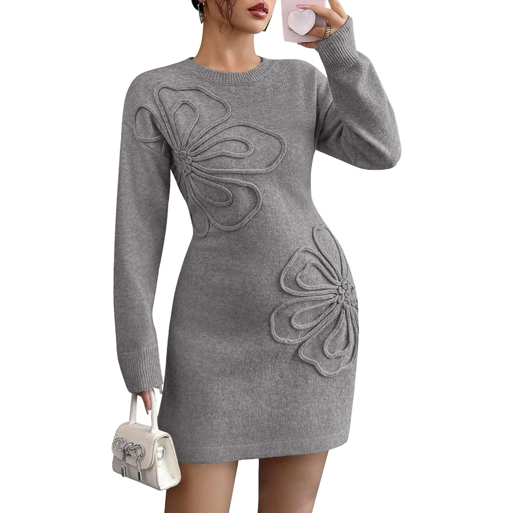 image:imagePRETTYGARDEN Womens Floral Embroidered Bodycon Sweater DressGrey