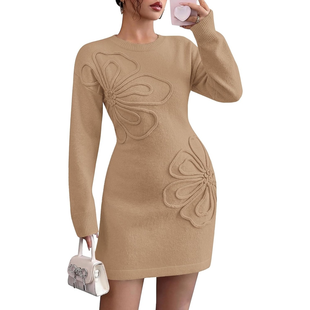 image:imagePRETTYGARDEN Womens Floral Embroidered Bodycon Sweater DressKhaki