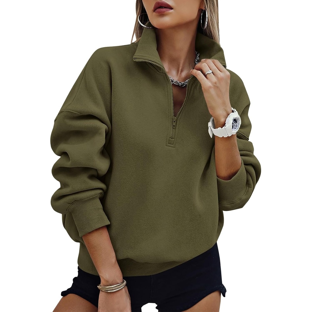 image:imagePRETTYGARDEN Womens Half Zip Oversized Sweatshirts Fleece Hoodies TrendyArmy Green