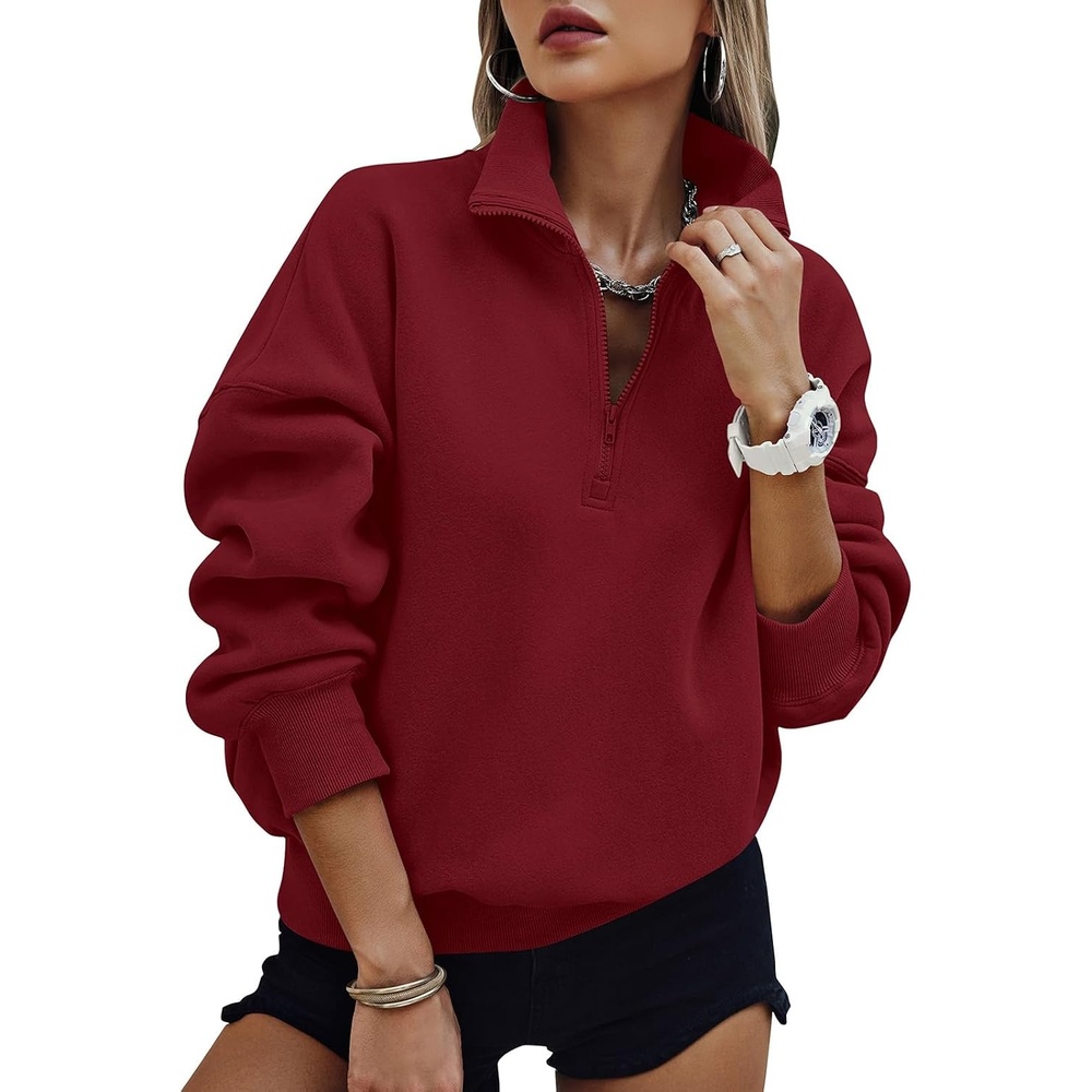 image:imagePRETTYGARDEN Womens Half Zip Oversized Sweatshirts Fleece Hoodies TrendyWine Red