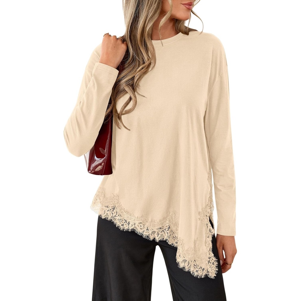 image:imagePRETTYGARDEN Womens Long Sleeve Asymmetrical Lace Tops FallBeige