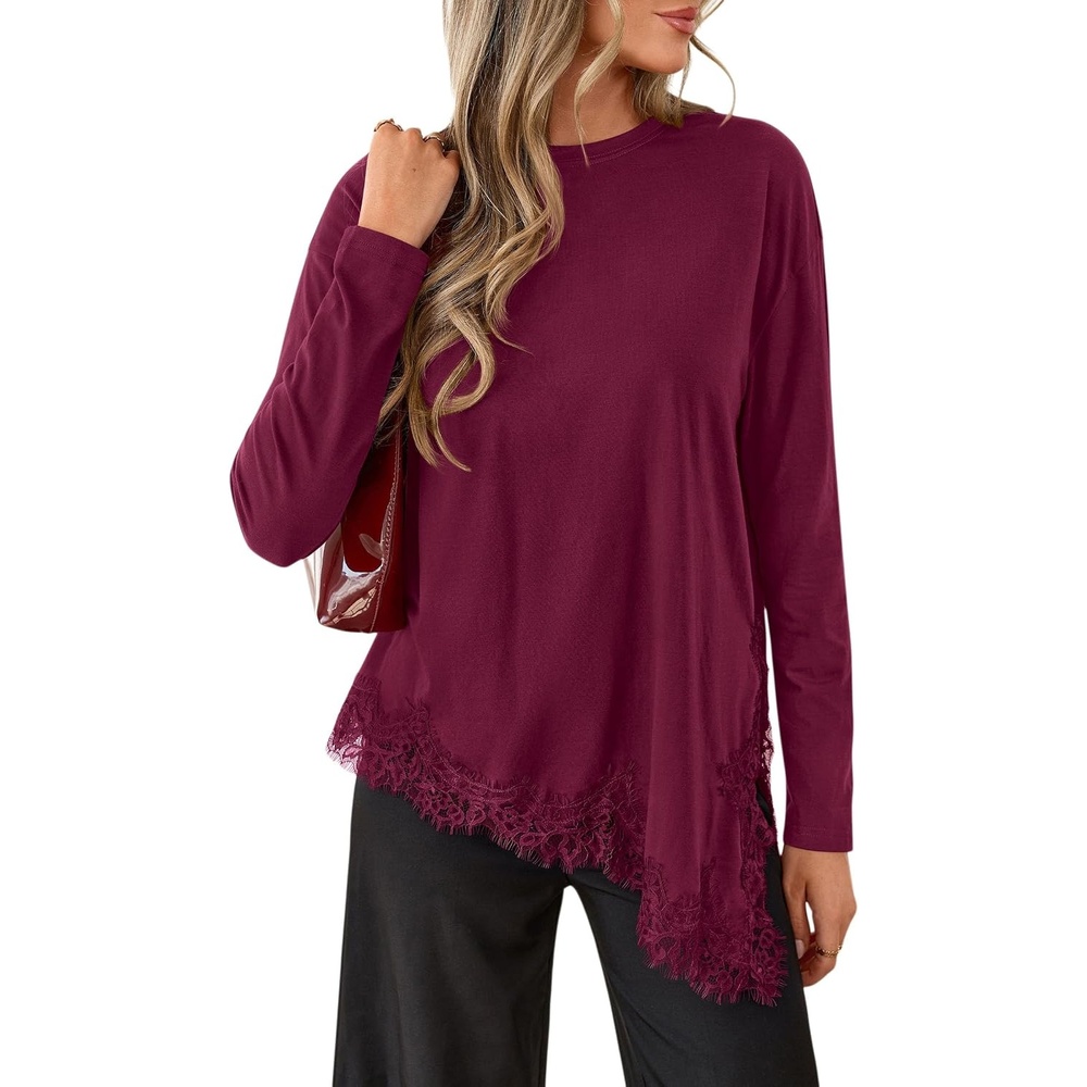 image:imagePRETTYGARDEN Womens Long Sleeve Asymmetrical Lace Tops FallBurgundy
