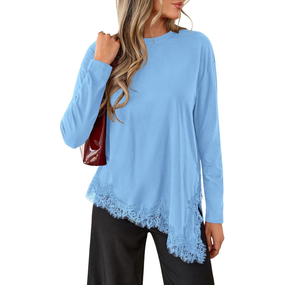 image:imagePRETTYGARDEN Womens Long Sleeve Asymmetrical Lace Tops FallLight Blue