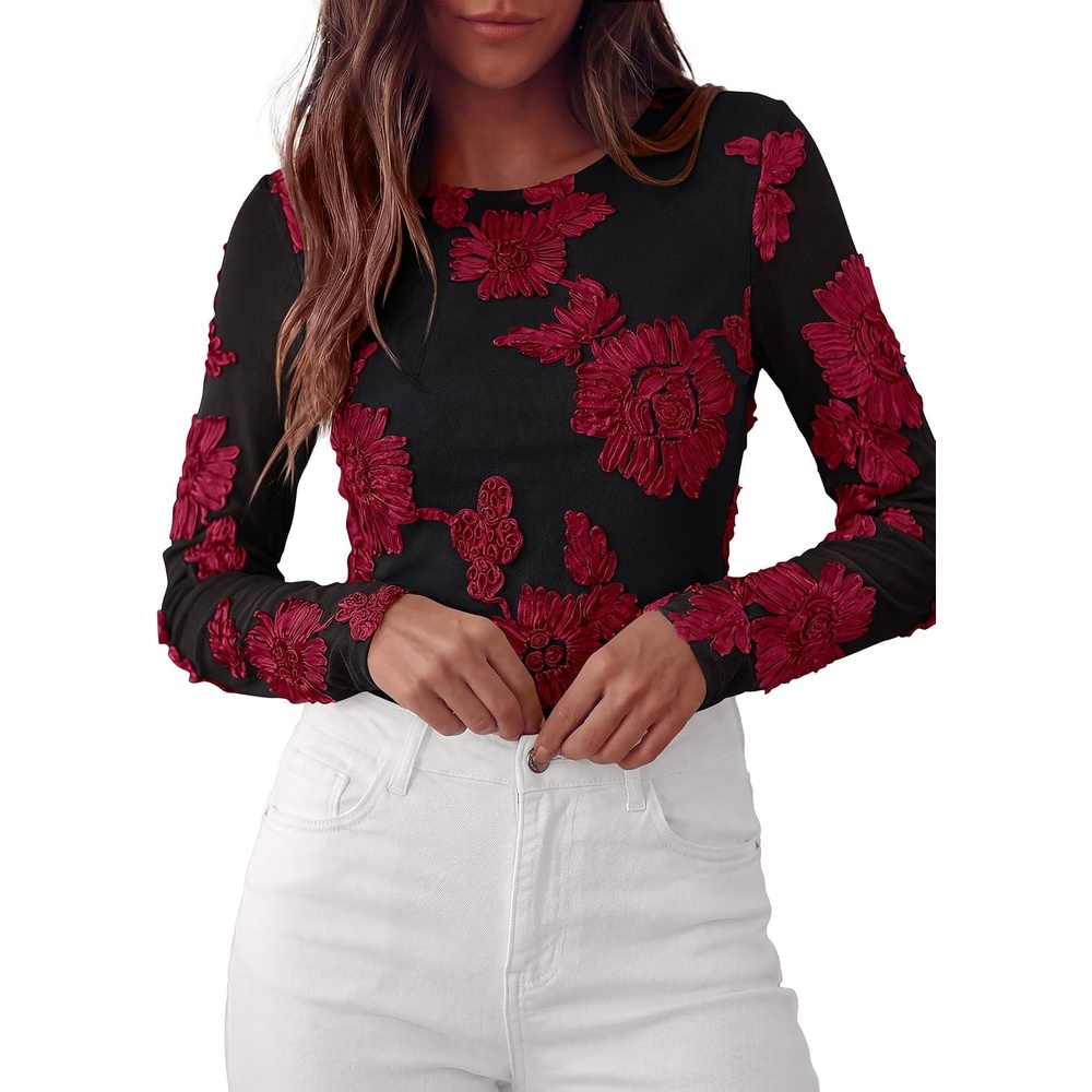 image:imagePRETTYGARDEN Womens Mesh Long Sleeve Embroidered Floral TopsBlack Red Floral