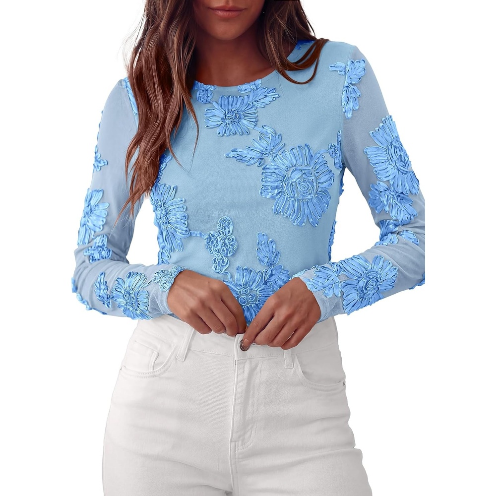 image:imagePRETTYGARDEN Womens Mesh Long Sleeve Embroidered Floral TopsBlue