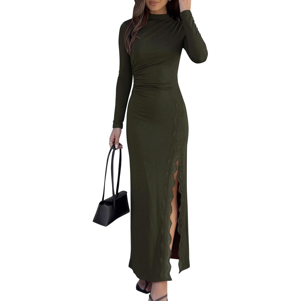 image:imagePRETTYGARDEN Womens Mock Neck Long Sleeve Bodycon Maxi DressArmy Green
