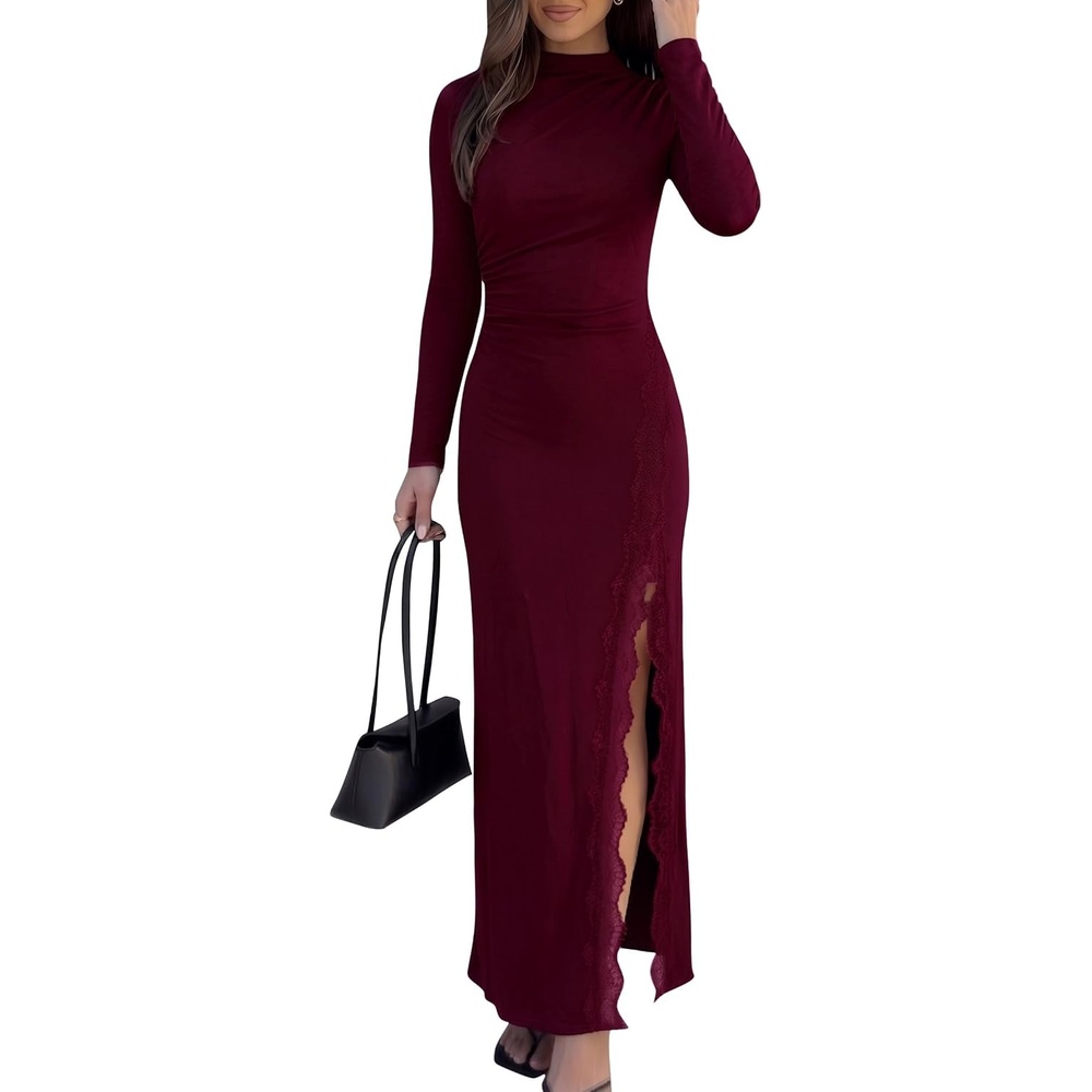 image:imagePRETTYGARDEN Womens Mock Neck Long Sleeve Bodycon Maxi DressBurgundy