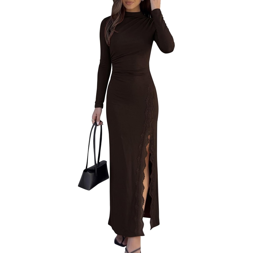 image:imagePRETTYGARDEN Womens Mock Neck Long Sleeve Bodycon Maxi DressCoffee