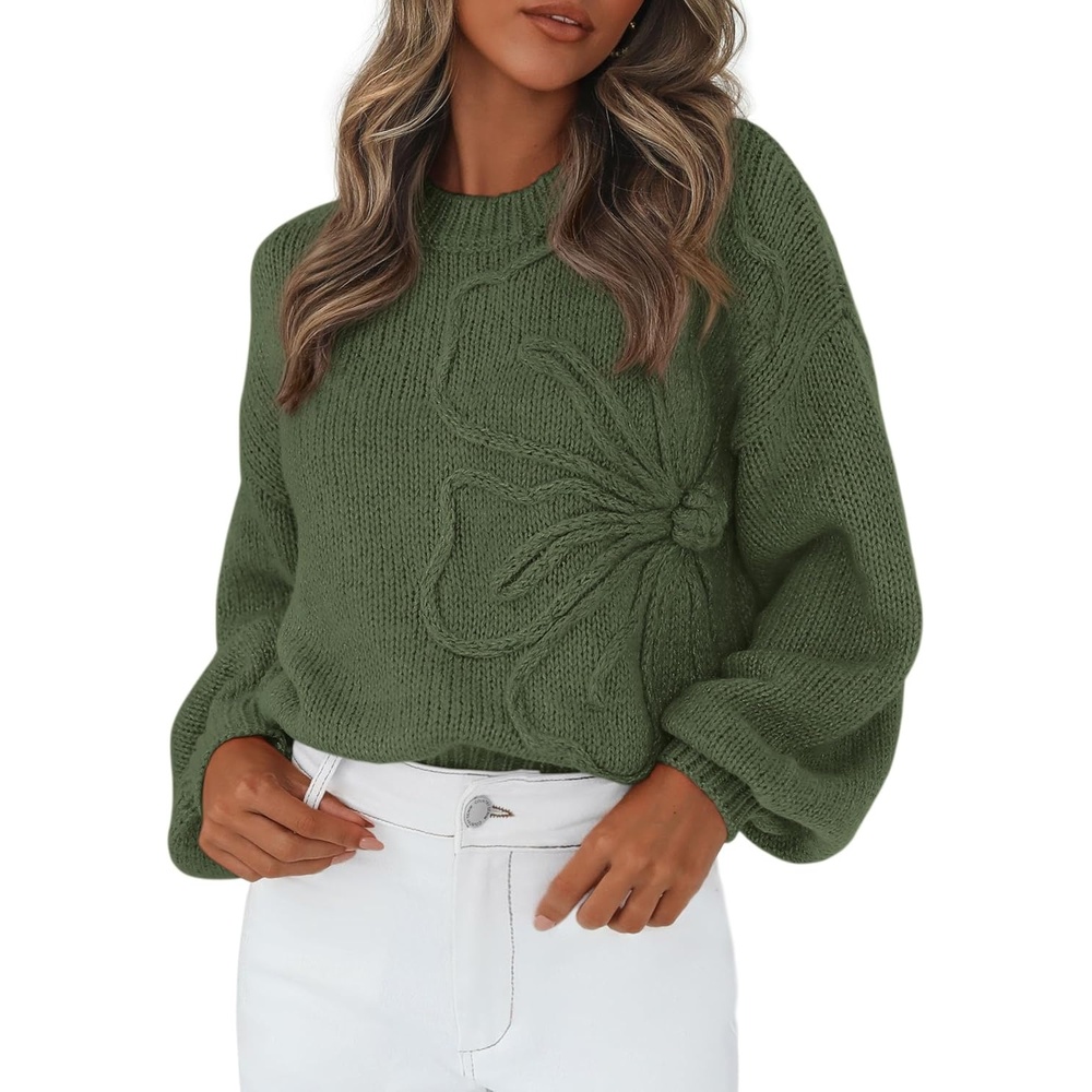 image:imagePRETTYGARDEN Womens Oversized 3D Floral Knit SweaterArmy Green