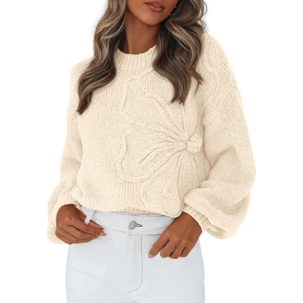 image:imagePRETTYGARDEN Womens Oversized 3D Floral Knit SweaterBeige
