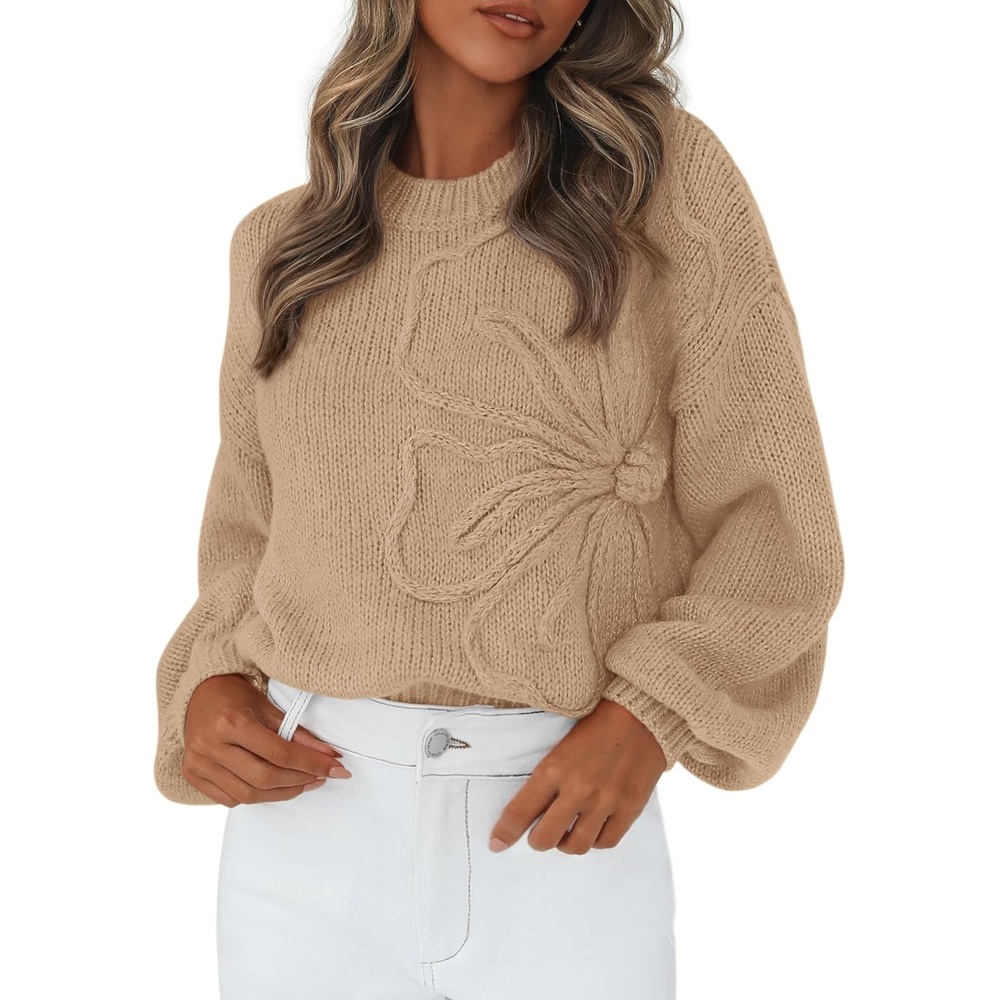 image:imagePRETTYGARDEN Womens Oversized 3D Floral Knit SweaterKhaki