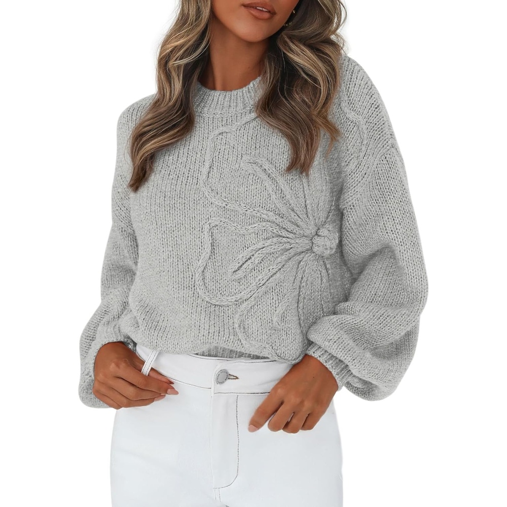 image:imagePRETTYGARDEN Womens Oversized 3D Floral Knit SweaterLight Grey