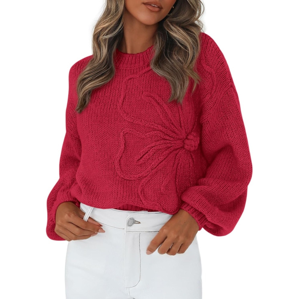 image:imagePRETTYGARDEN Womens Oversized 3D Floral Knit SweaterRed