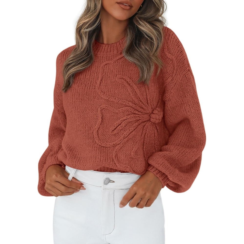 image:imagePRETTYGARDEN Womens Oversized 3D Floral Knit SweaterRed Brown