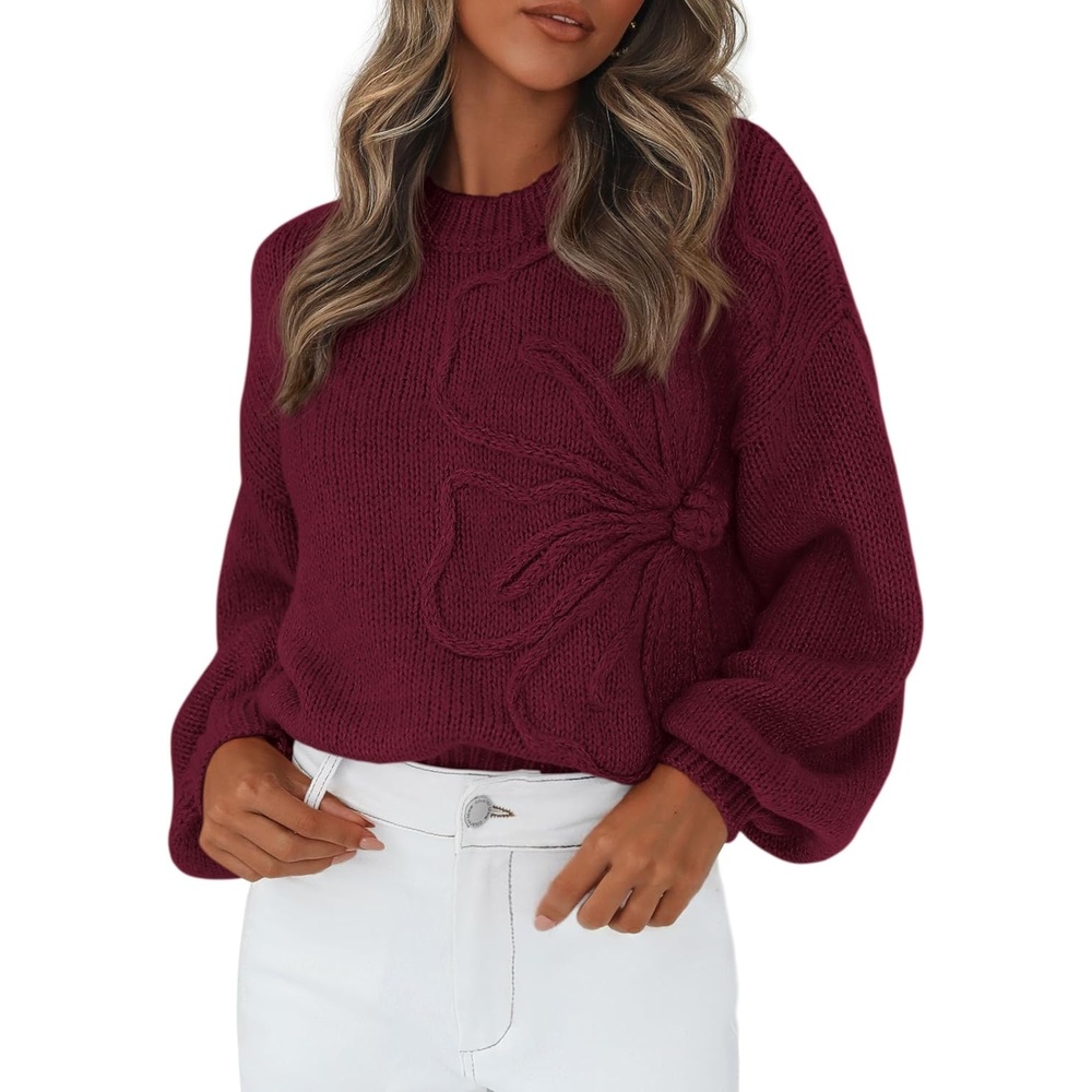 image:imagePRETTYGARDEN Womens Oversized 3D Floral Knit SweaterWine Red