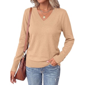 PRETTYGARDEN Fall Sweaters for Women V Neck Lightweight Pullover(Khaki)