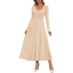 PRETTYGARDEN Women’s Fall V Neck Pleated Midi Sweater Dress(Apricot)