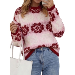 PRETTYGARDEN Women’s Floral Crewneck Sweater Knit Pullover(Wine Red Floral)