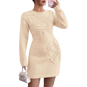 PRETTYGARDEN Women’s Floral Embroidered Bodycon Sweater Dress(Beige)