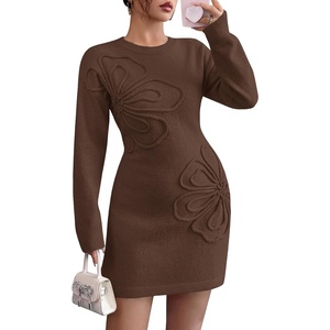 PRETTYGARDEN Women’s Floral Embroidered Bodycon Sweater Dress(Brown)