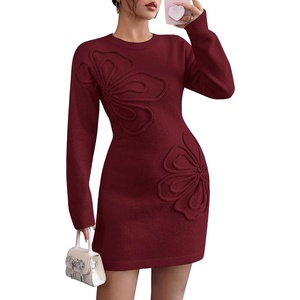 PRETTYGARDEN Women’s Floral Embroidered Bodycon Sweater Dress(Burgundy)