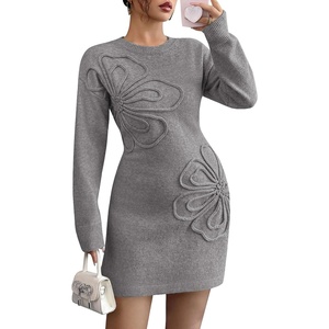 PRETTYGARDEN Women’s Floral Embroidered Bodycon Sweater Dress(Grey)